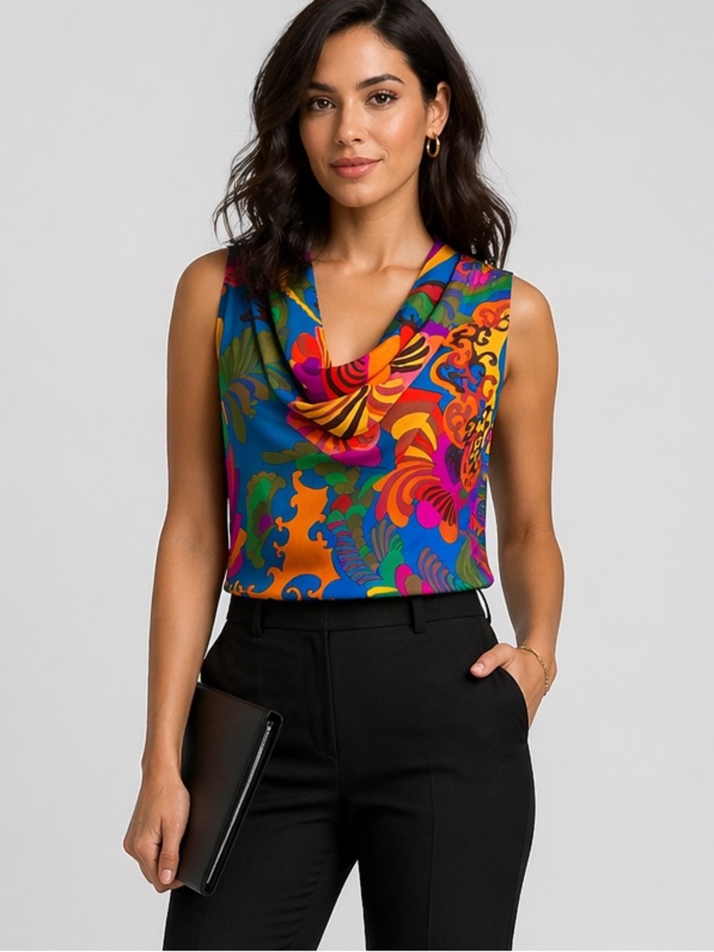 Vintage Trina Turk x Banana Republic Silk Blouse Size 0 Bold Print Cowl Neck